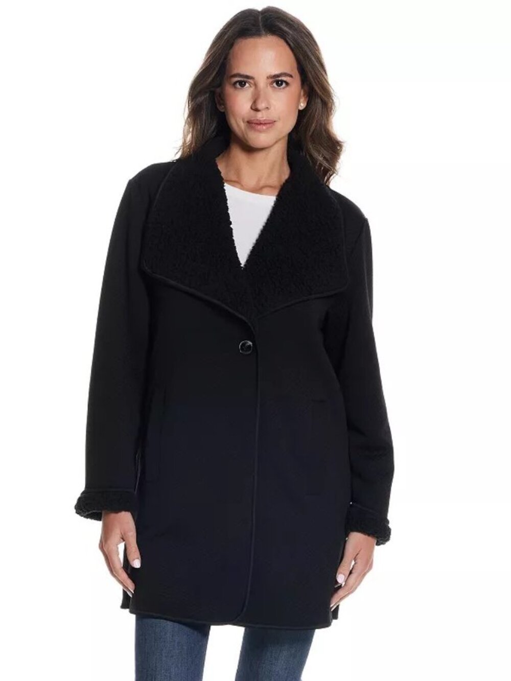Weatherproof Women's Small Black Weathercast Ribbed Knit Sherpa-Lined Coatigan